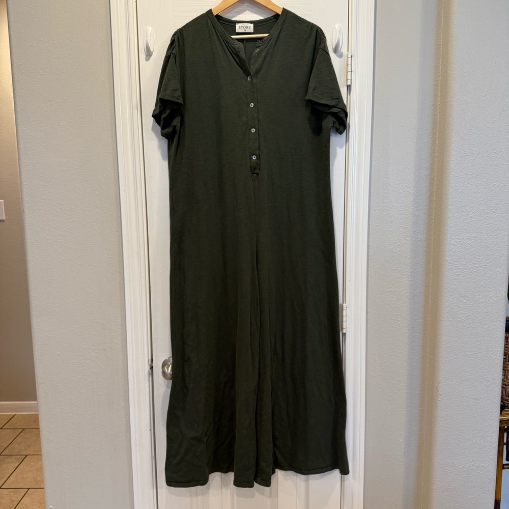 Story Jumpsuit Wide Leg Women’s Medium Green Oversized Shirt Sleeves Lagenlook